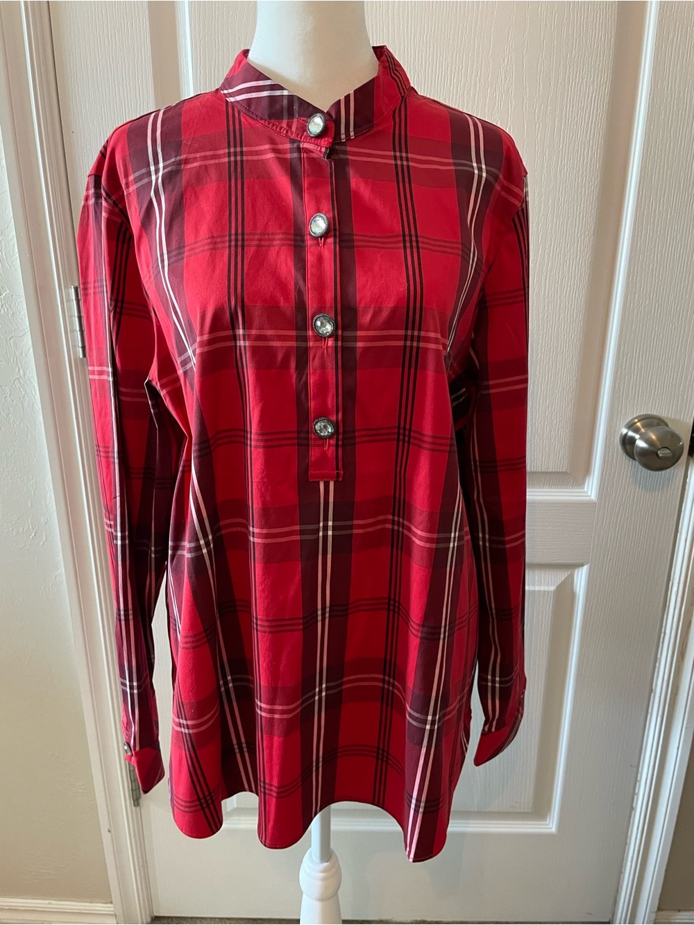 Chico's Red Plaid Mandarin Collar Tunic